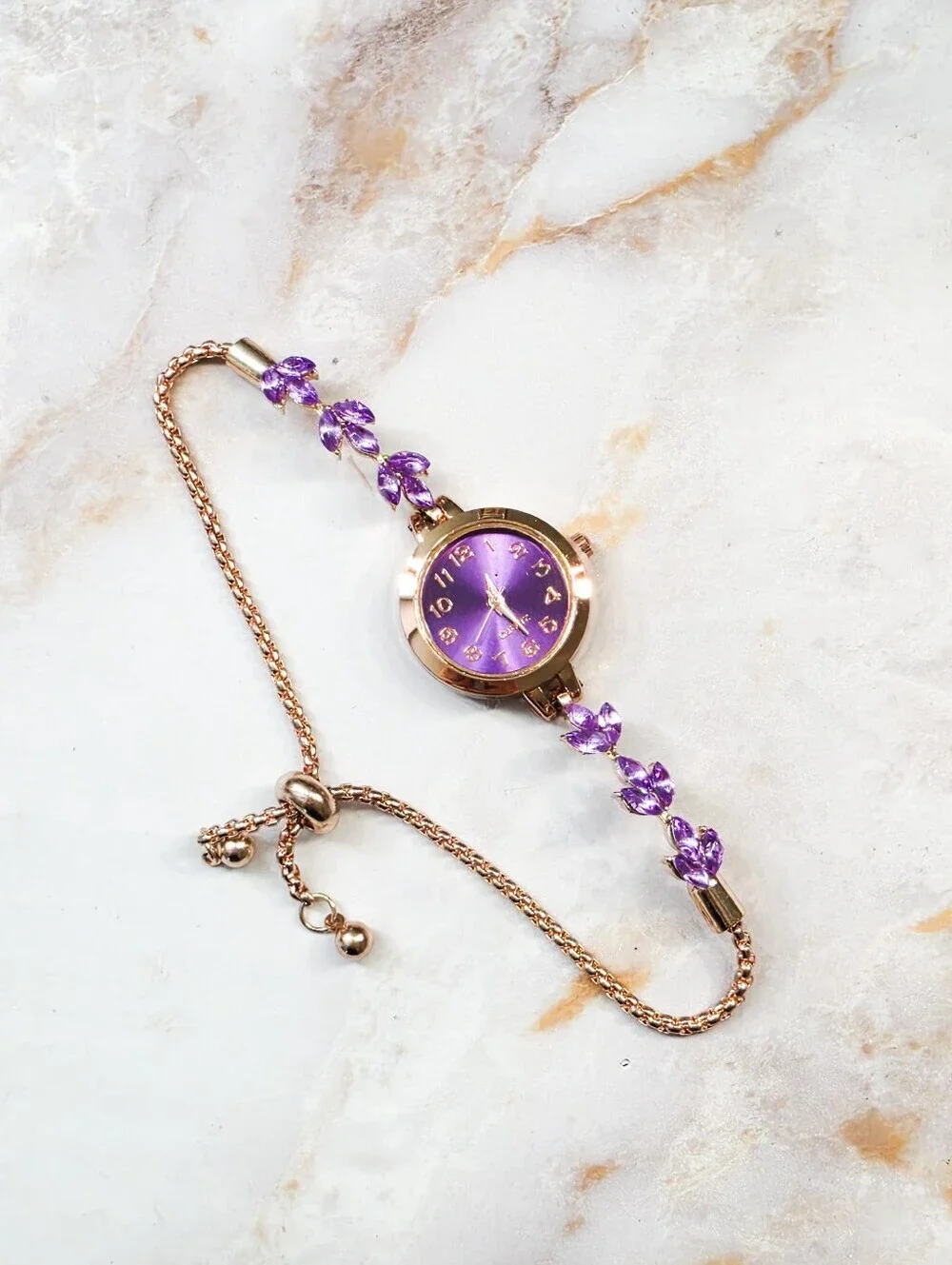 Elegant Purple Crystal Leaf Accent Watch Rose Gold Tone Adjustable Bolo Strap